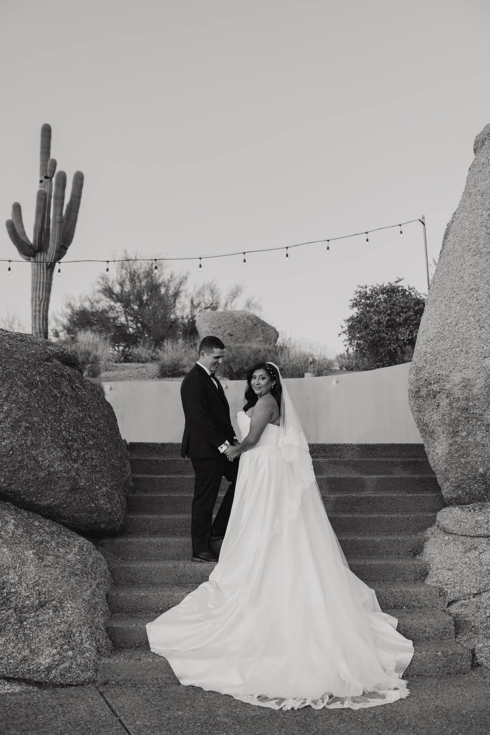 A bride and groom on stone steps between desert boulders, a saguaro behind them, in black and white